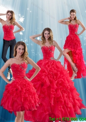 Red Strapless Detachable Quinceanera Skirts with Ruffles and Beading