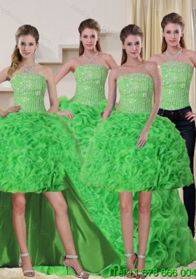 Spring Green Strapless Quinceanera Dress with Beading and Ruffles