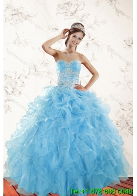 2015 Elegant Baby Blue Quince Dresses with Appliques and Ruffles