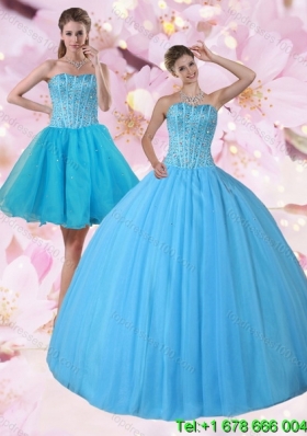 Gorgeous Detachable Baby Blue Strapless Quinceanera Dress with Beading