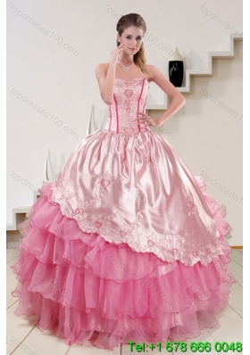 Strapless Pink 2015 Cute Quinceanera Dresses with Embroidery and Ruffles