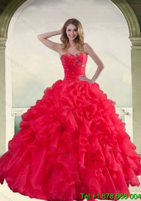 Elegant Red Strapless Sweet 16 Quinceanera Gowns with Ruffles and Beading