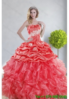 2015 Top Seller Watermelon Red Quince Dresses with Appliques and Ruffles
