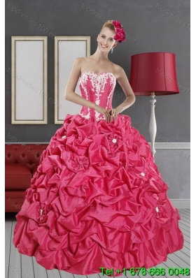 Inexpensive Hot Pink Dresses for Quince with Pick Ups and Appliques