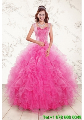 Popular 2015 Sweetheart Hot Pink Quince Gown with Beading and Ruffles