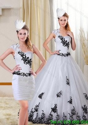 2015 One Shoulder Sweetheart White and Black Quinceanera Dress with Appliques