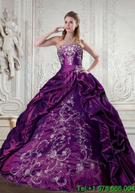 Puffy Floor Length Strapless Embroidery and Pick Up QuinceaneraGown for 2015