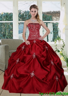 Wine Red  Pretty Strapless 2015 Puffy Quinceanera Gown with Embroidery and Pick Ups