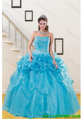 2015 Beautiful Puffy Teal Quince Gown with Embroidery and Pick Ups