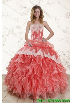 2015 Puffy Watermelon Strapless Quince Dresses with Appliques and Ruffles