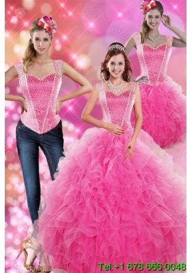 Puffy Decent Hot Pink 2015 Quinceanera Gown with Beading and Ruffles