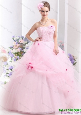 2015 Modern Baby Pink Sweet Sixteen Dresses with Hand Made Flowers