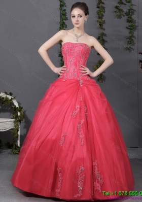 2015 Modern Coral Red Strapless Sweet 16 Dress with Ruching and Appliques
