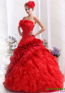 2015 Puffy Strapless Dresses for a Quinceanera with Hand Made Flowers