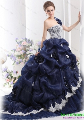 Puffy 2015 One Shoulder Ruffles Quinceanera Dresses with Hand Made Flowers and Pick Ups