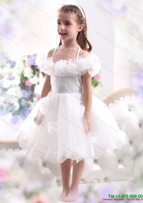 Comfortable White Halter Top Little Girl Pageant Dresses with Hand Made Flower