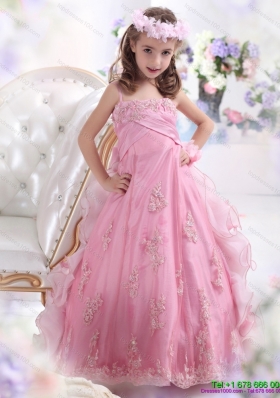 2015 Unique Rose Pink Spaghetti Straps Little Girl Pageant Dress with Appliques