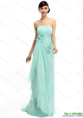 Modest Sweep Train Apple Green Prom Dresses with Ruching and Hand Made Flower