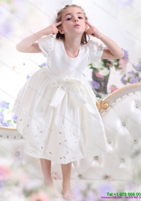 White Scoop Little Girl Pageant Dress with Light Pink Bownot