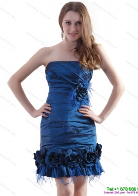 Elegant Ruching Strapless Prom Dresses with Hand Made Flowers