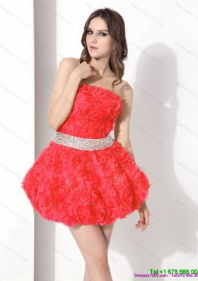 Modest Strapless Short Prom Dresses with Rolling Flowers and Beading