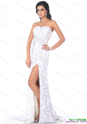 Sequined 2015 Sexy Sweetheart Printed White Prom Dress with High Slit