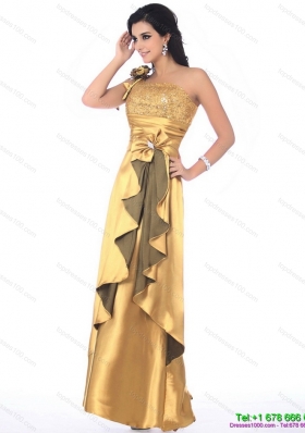 Sequined One Shoulder Gold Prom Dress with Hand Made Flowers and Ruching
