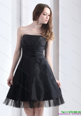 2015 Romantic Strapless Black Prom Dress with Ruching and Beading