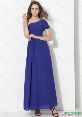 Modest One Shoulder Blue Prom Dress with Ruching and Beading