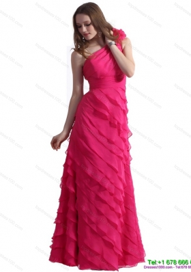 2015 One Shoulder Prom Dresses with Ruffled Layers and Hand Made Flower