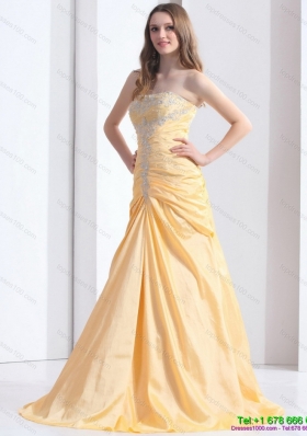 2015 Brush Train Gold Prom Dresses with Ruching and Beading