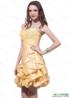 2015 Gold Mini Length Prom Dresses with Beading and Pick Ups