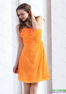 2015 Gorgeous Strapless Orange Prom Dress with Hand Made Flowers and Ruching