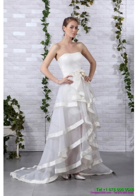 Detachable White Strapless Beach Wedding Dresses with Brush Train and Bownot