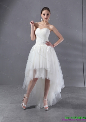 High Low White Sweetheart Beach Wedding Dresses with Ruching and Appliques