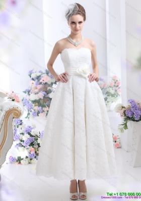 Brand New Strapless Ankle length Beach Wedding Dress with Hand Made Flowers