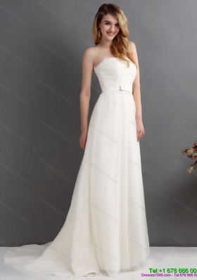 White Strapless Wedding Dresses with Brush Train and Sash