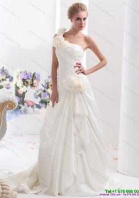 2015 Luxurious One Shoulder Wedding Dress with Hand Made Flowers