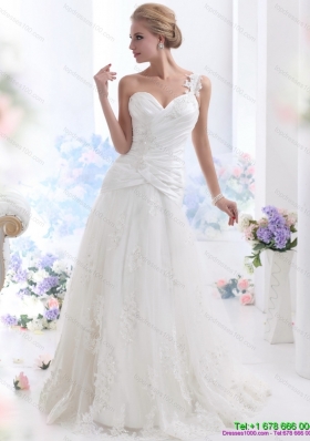 2015 Luxurious One Shoulder Wedding Dress with Ruching and Lace