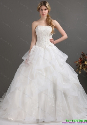 2015 Luxurious Strapless Lace Wedding Dress with Brush Train