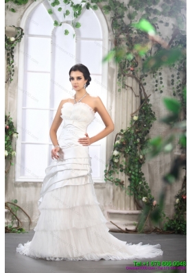 2015 Unique Ruffled Layers White Wedding Dresses with Brush Train