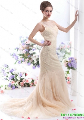 Luxurious 2015 Beteau Champagne Wedding Dress with Sequins