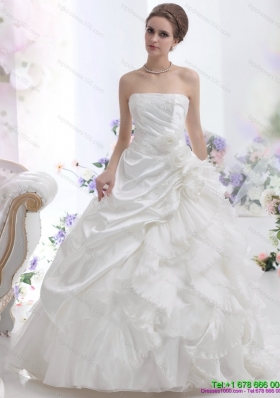 Luxurious Strapless Ruffles Bridal Gowns with Chapel Train and Hand Made Flower