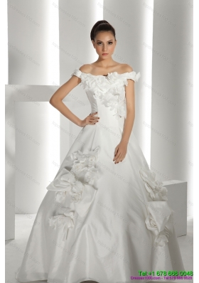 Luxurious White Off Shoulder Bridal Dresses with Cathedral Train and Hand Made Flowers