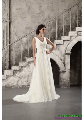 Ruching and Beading White Wedding Dresses with Brush Train