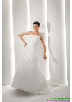 Unique Brush Train Ruching White Wedding Dresses with Appliques