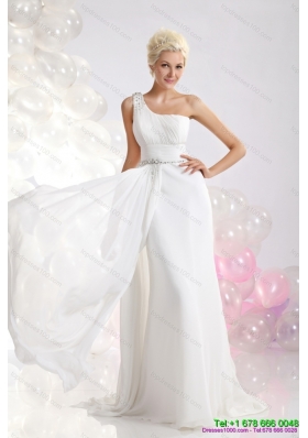 White One Shoulder Wedding Dresses with Ruching and Beading