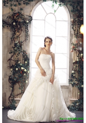 White Strapless Wedding Dresses with Chapel Train and Beading