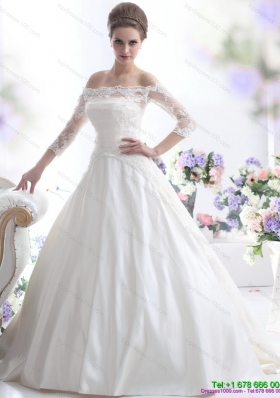 2015 Elegant Off the Shoulder Wedding Dress with 3/4 Length Sleeve
