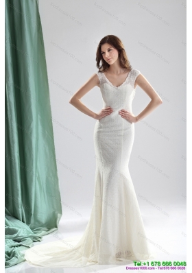 2015 Unique White Mermaid  Wedding Dresses with Lace and Brush Train